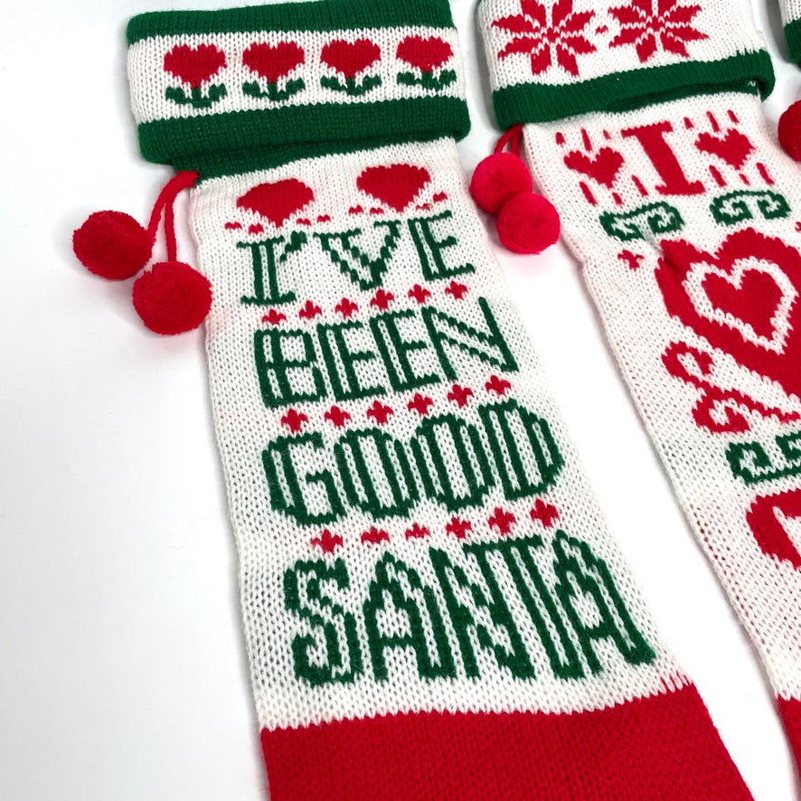 Knit Santa Christmas Stockings Set of 3 - Vintage Handmade 21"