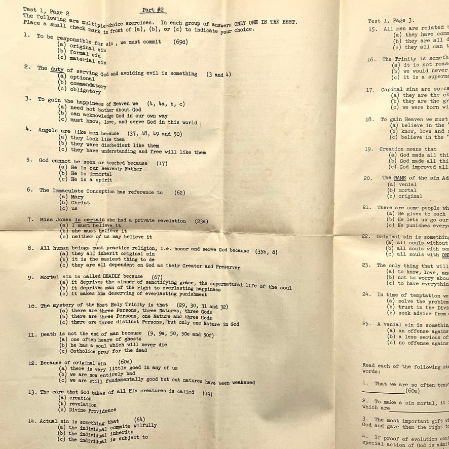 NYC Catholic Information Society 1950 Course Test Manhattan Vintage Christianity Ephemera