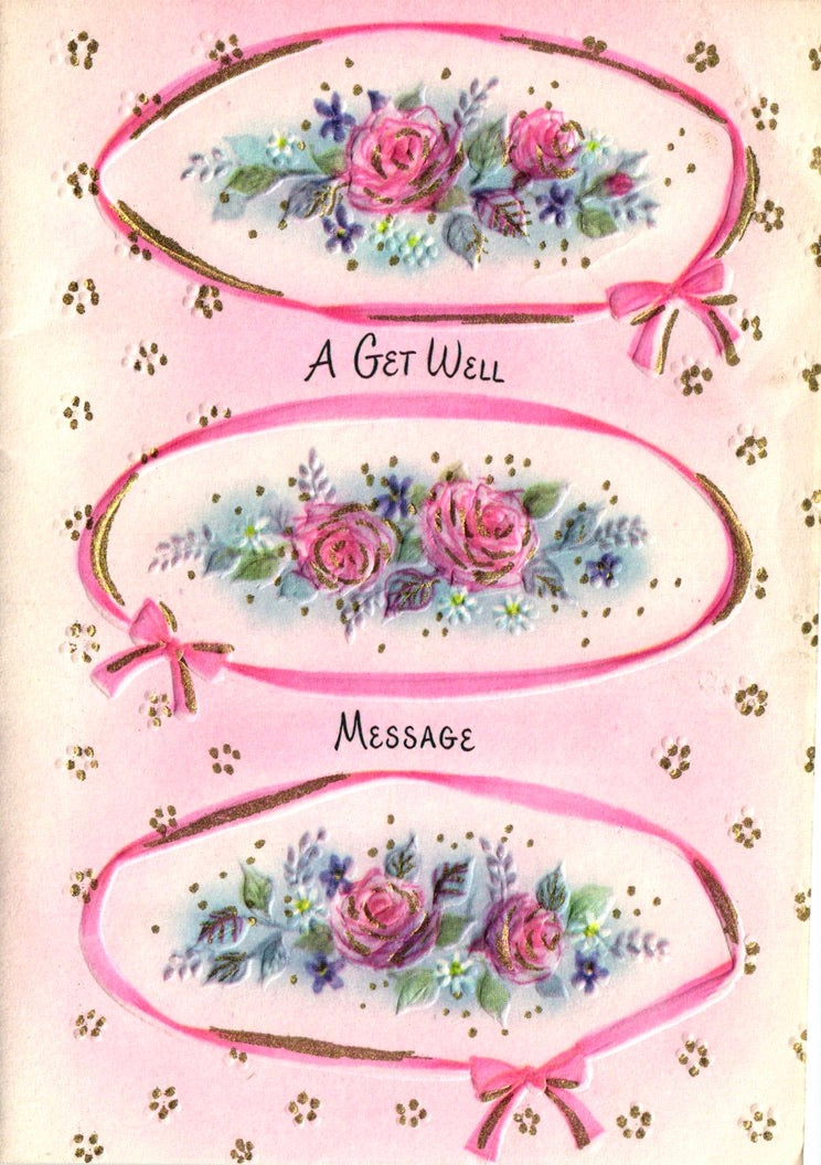 Get Well Soon - Flowers and Bows - Vintage Greeting Card - Gold Stamped + Embossed