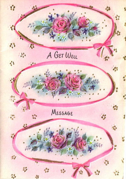 Get Well Soon - Flowers and Bows - Vintage Greeting Card - Gold Stamped + Embossed