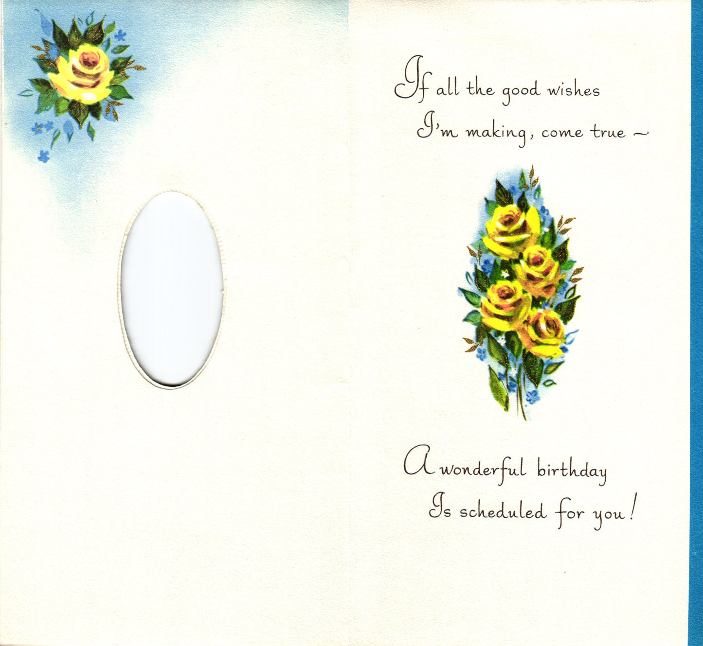 Birthday - Blue Flowers - Slim Vintage Greeting Card - Gold Stamped + Embossed