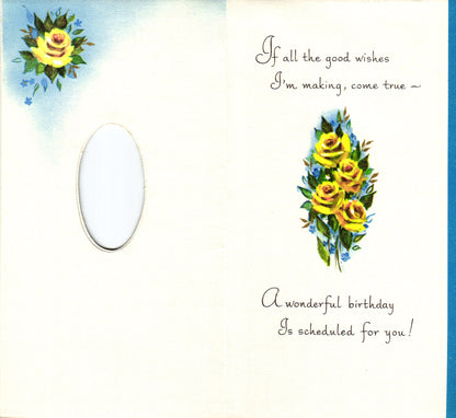 Birthday - Blue Flowers - Slim Vintage Greeting Card - Gold Stamped + Embossed