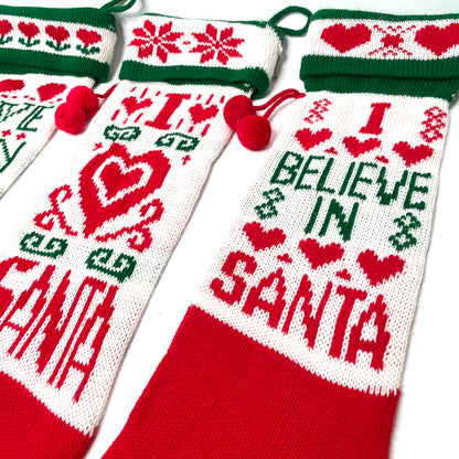 Knit Santa Christmas Stockings Set of 3 - Vintage Handmade 21"
