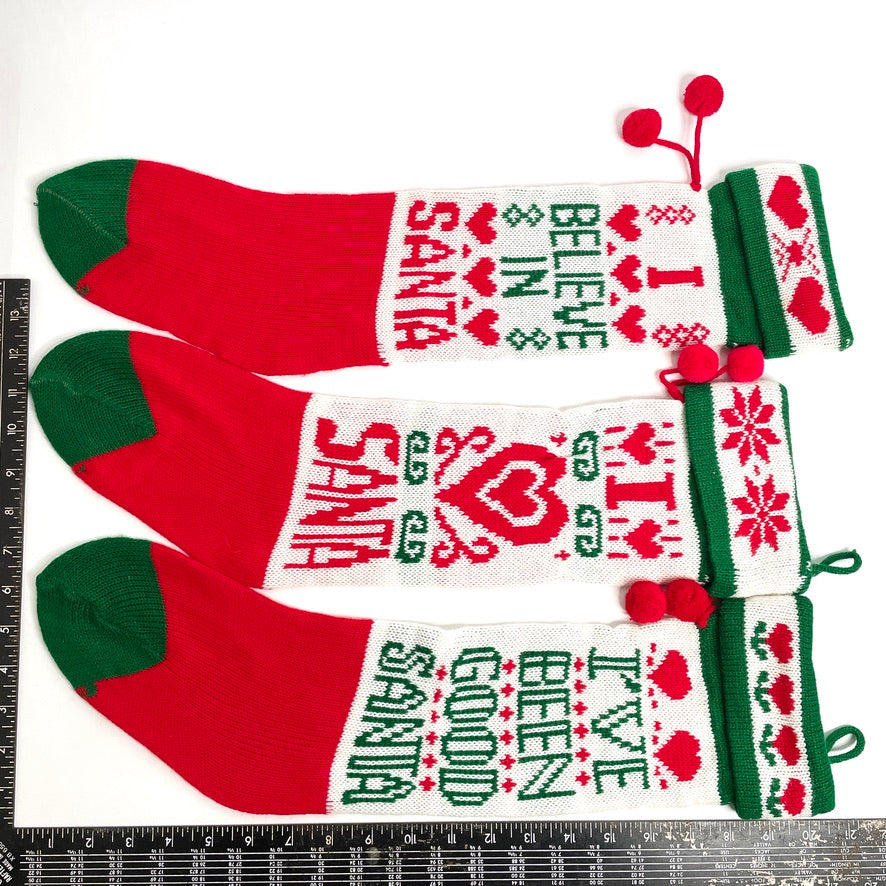 Knit Santa Christmas Stockings Set of 3 - Vintage Handmade 21"