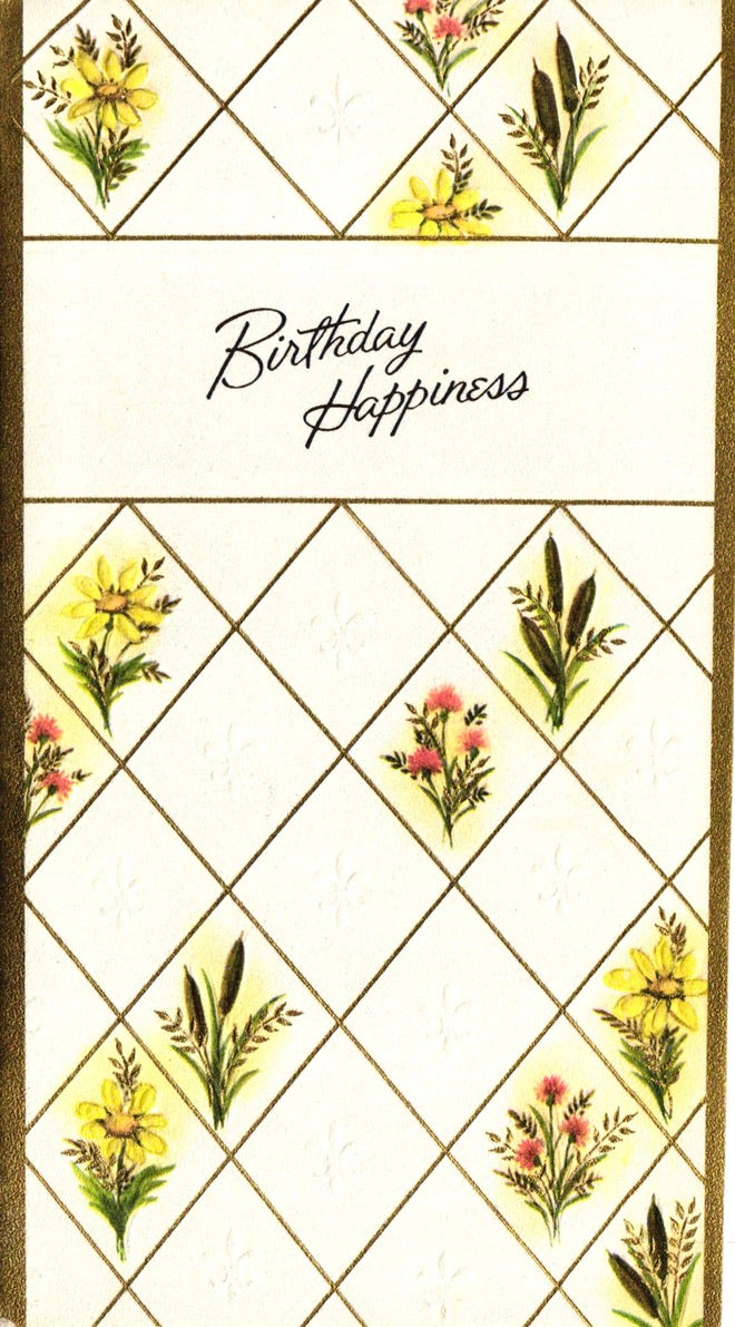 Birthday - Wild Flowers - Slim Vintage Greeting Card - Gold Stamped + Embossed
