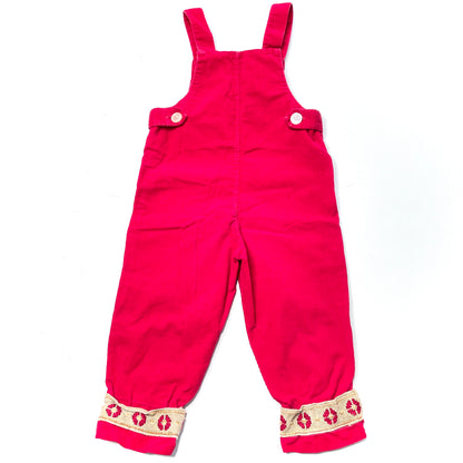 Patterned Appliqué Cuff Red Corduroy Overalls 2T