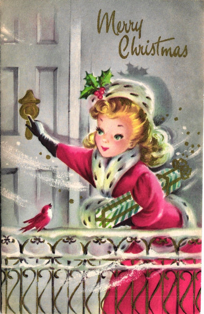 Christmas - Snowy Greeting - Vintage Greeting Card - Gold Stamped + Embossed
