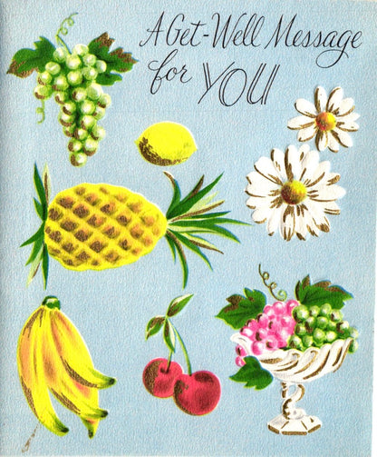 Get Well Soon - Fruit and Flowers - Textured Vintage Greeting Card - Gold Stamped + Embossed