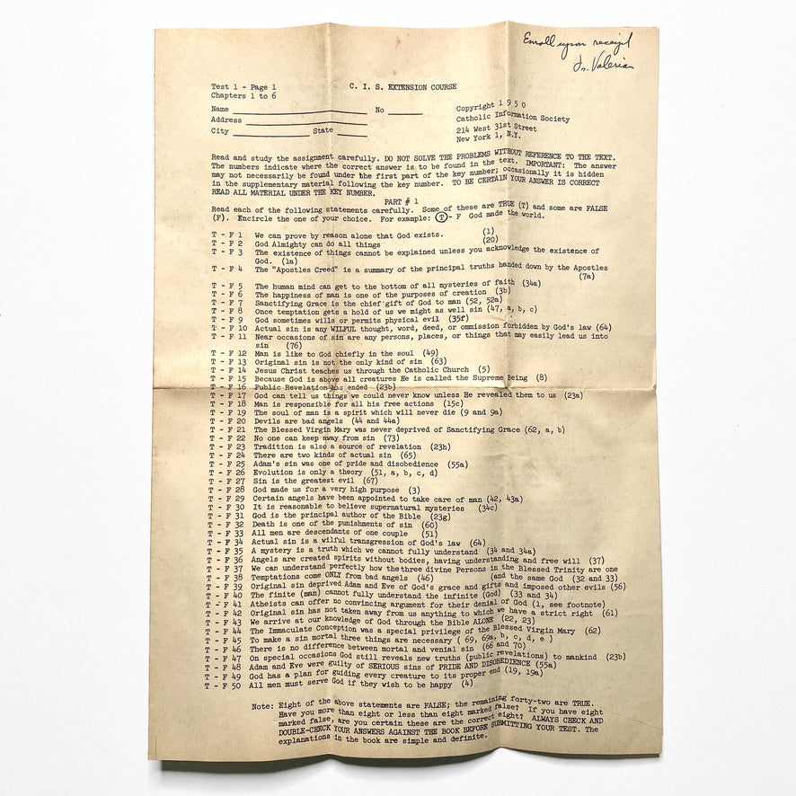 NYC Catholic Information Society 1950 Course Test Manhattan Vintage Christianity Ephemera