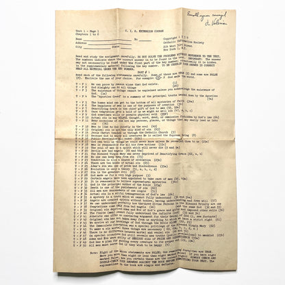 NYC Catholic Information Society 1950 Course Test Manhattan Vintage Christianity Ephemera