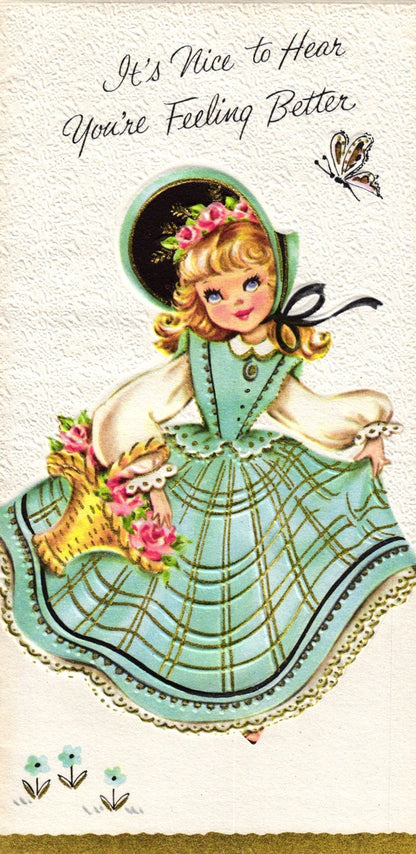 Get Well Soon - Sun Dress Lady - Textured Slim Vintage Greeting Card - Gold Stamped + Embossed