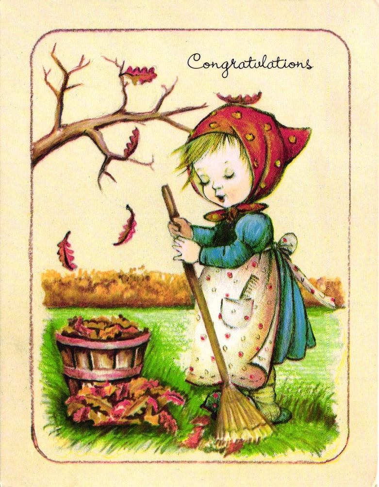 Congratulations - Raking Leaves - Vintage Greeting Card - 1979 Little Helpers