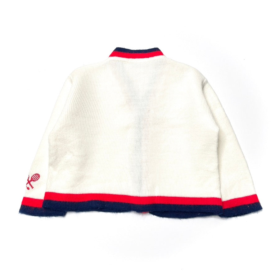 Tennis Embroidery Blue & Red Stripe White Cardigan Sweater 12M