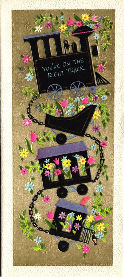 Get Well Soon - Steam Train - Slim Vintage Greeting Card - Gold Stamped + Embossed