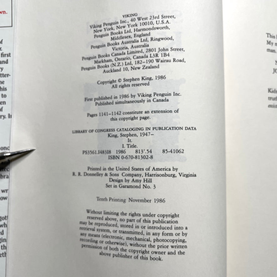 It Stephen King Hardcover Book *1st Edition, 10th Print* 1986 Viking