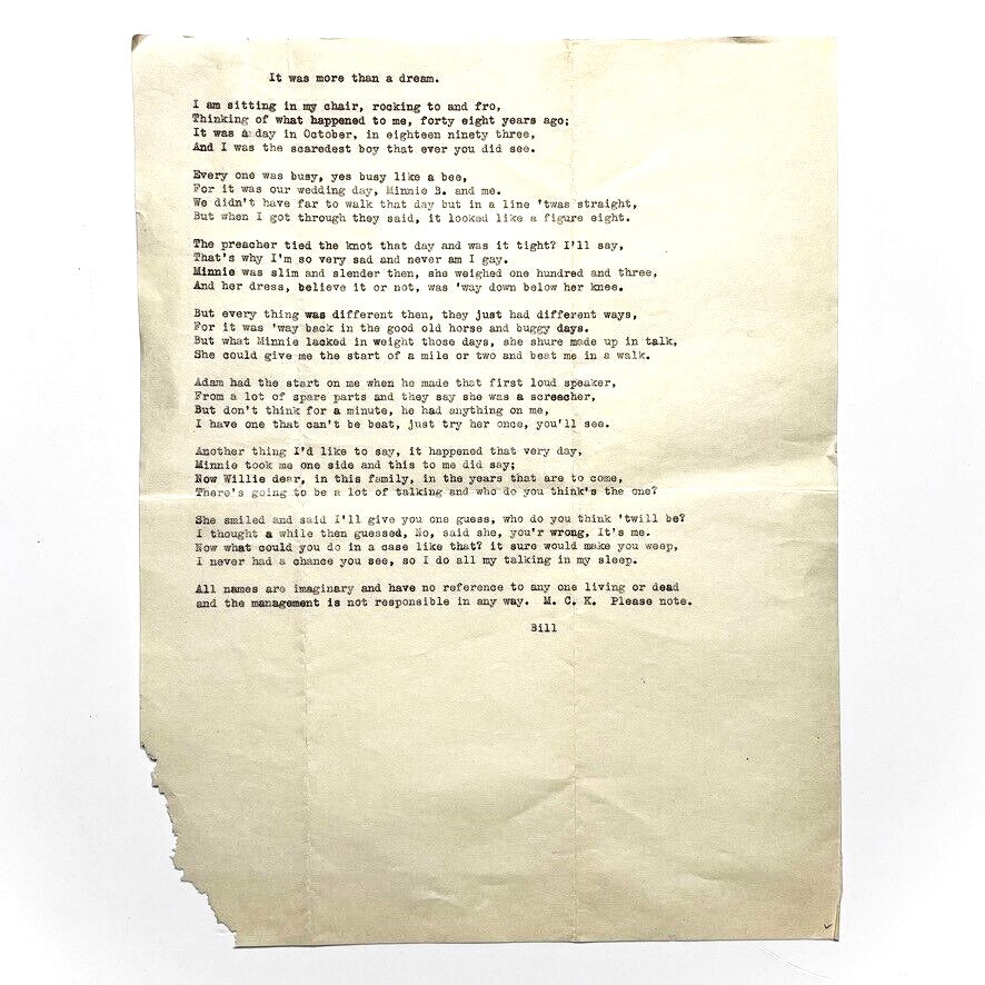 Handwritten Typewriter Poem Signed MCK Bill 1893