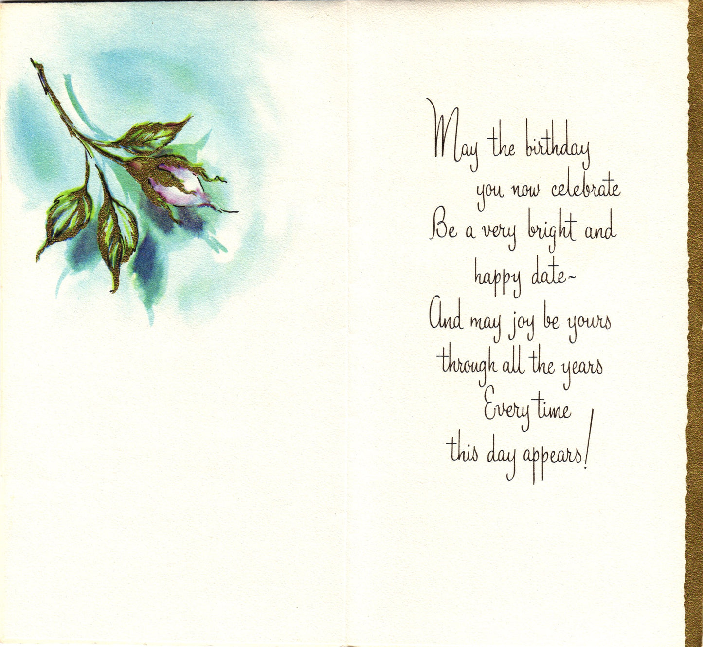 Birthday - Blue Roses - Slim Vintage Greeting Card - Gold Stamped + Embossed