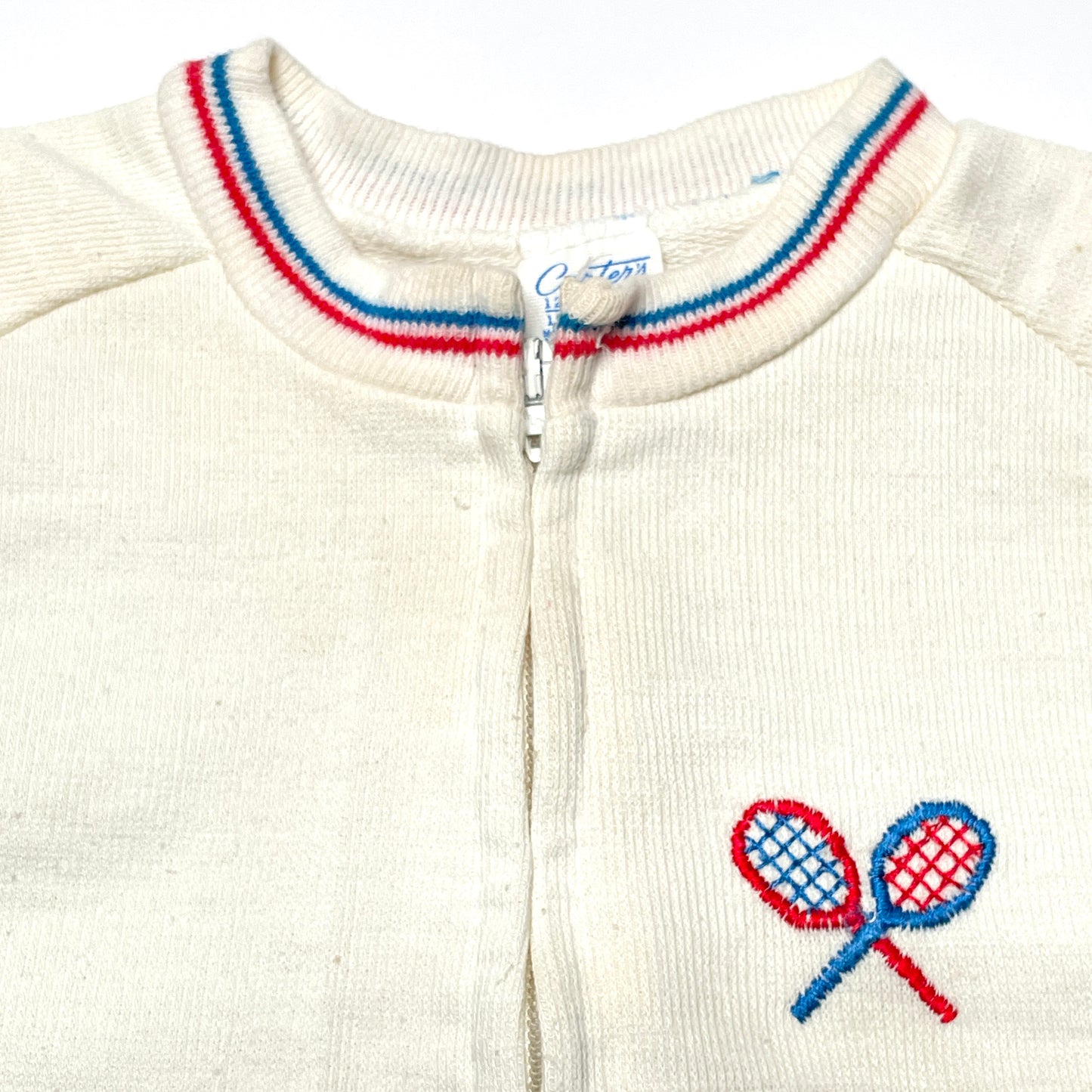 Tennis Embroidery White Knit Zipper Romper 12M