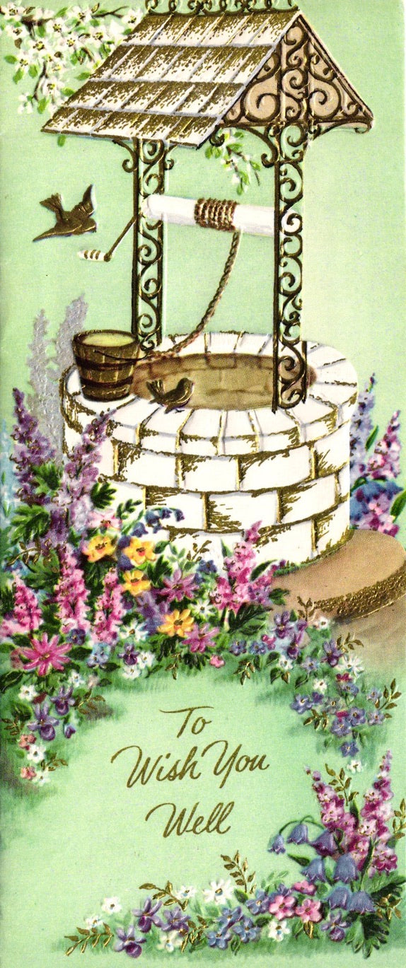 Get Well Soon - Wishing Well - Glossy Slim Vintage Greeting Card - Gold Stamped + Embossed