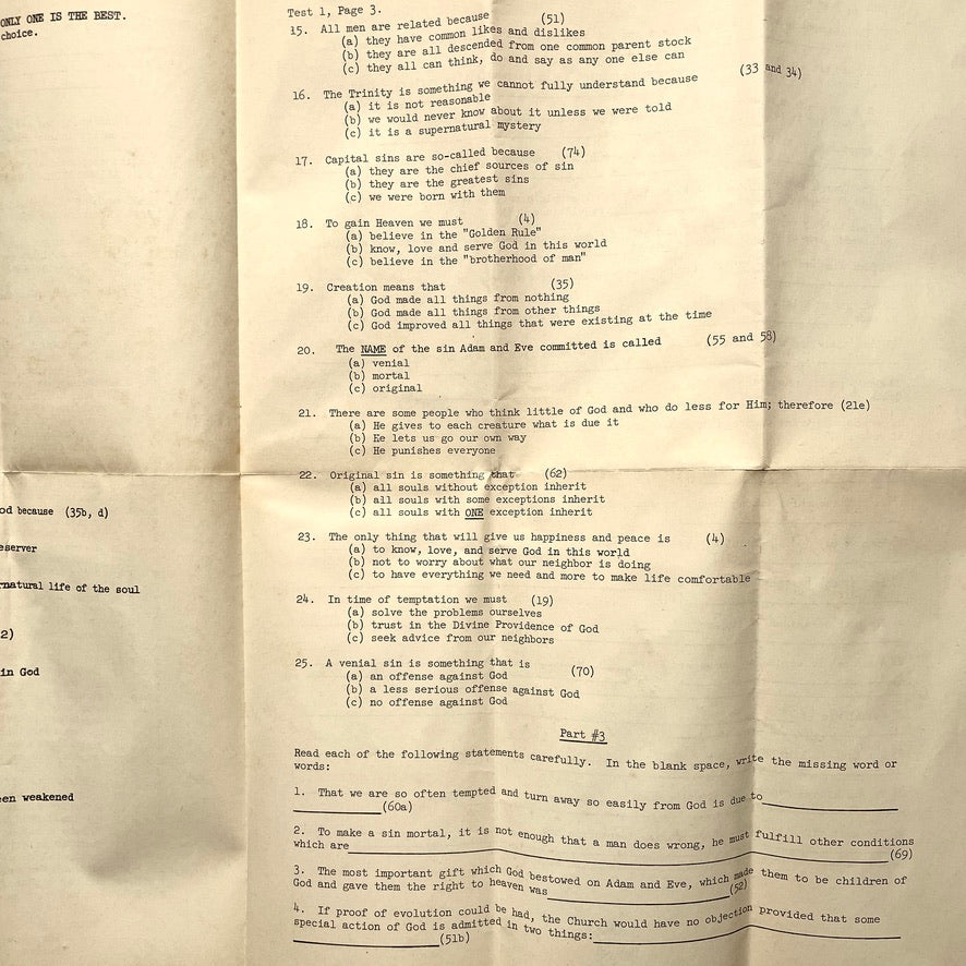 NYC Catholic Information Society 1950 Course Test Manhattan Vintage Christianity Ephemera