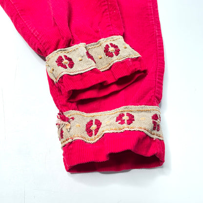 Patterned Appliqué Cuff Red Corduroy Overalls 2T