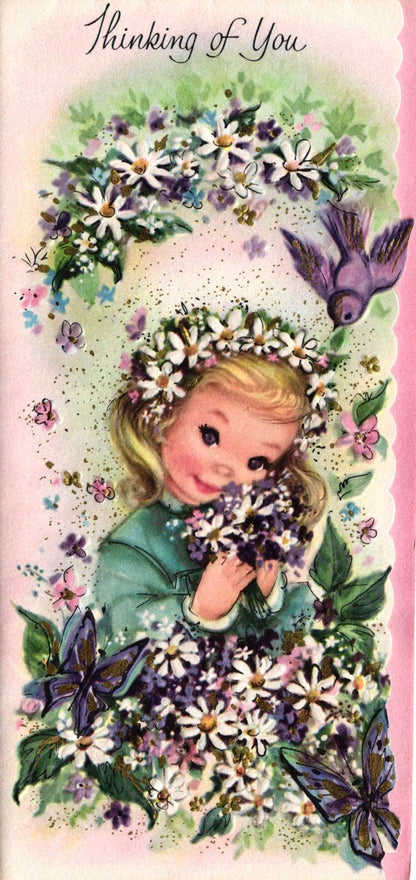 Greetings - Thinking of You - Slim Vintage Greeting Card - Gold Stamped + Embossed