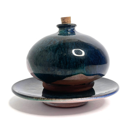 Deep Blue + Teal Glazed Art Pottery Ceramic Bottle (France)
