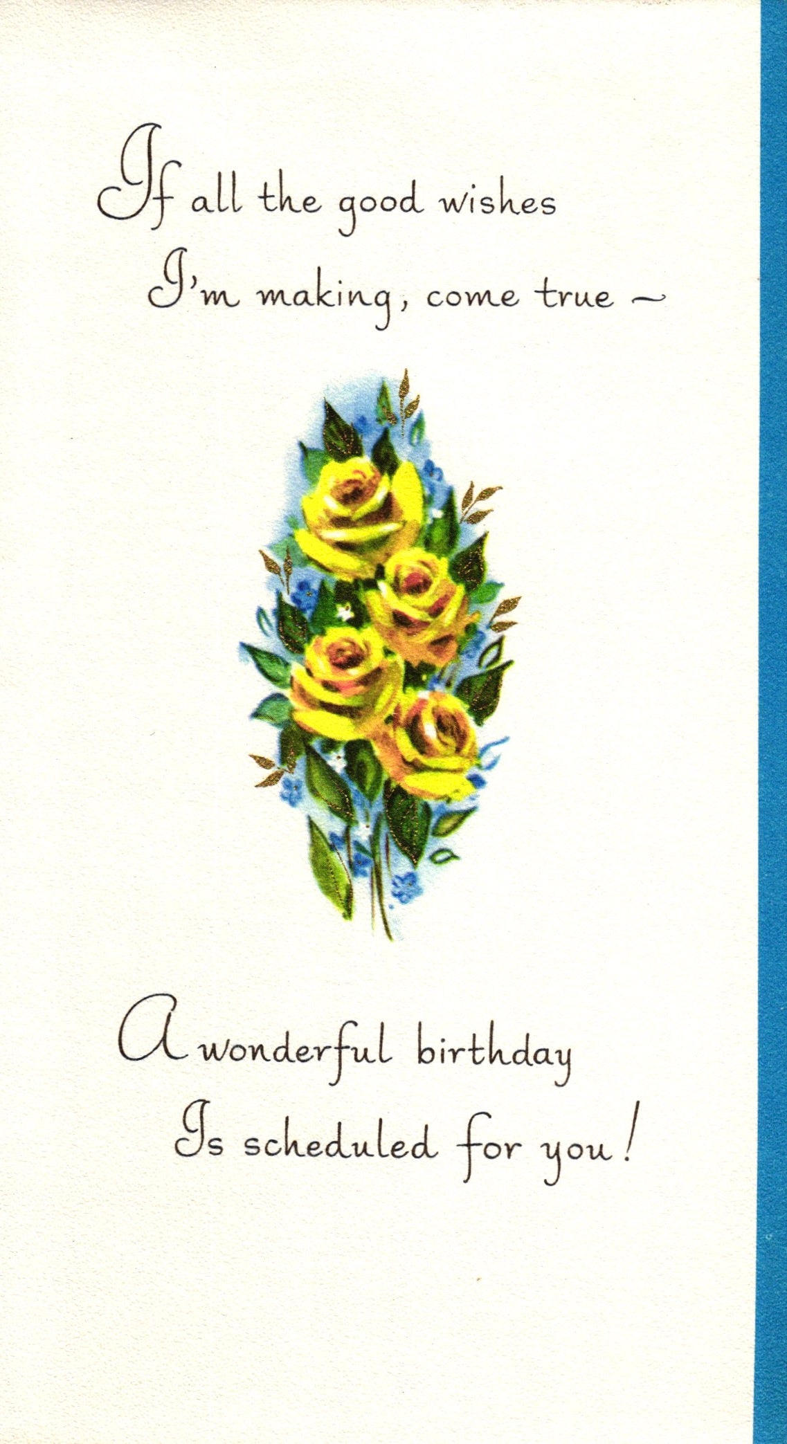 Birthday - Blue Flowers - Slim Vintage Greeting Card - Gold Stamped + Embossed