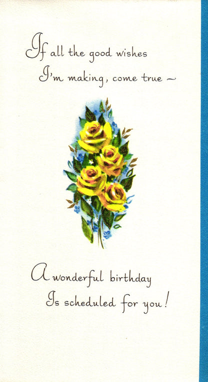Birthday - Blue Flowers - Slim Vintage Greeting Card - Gold Stamped + Embossed