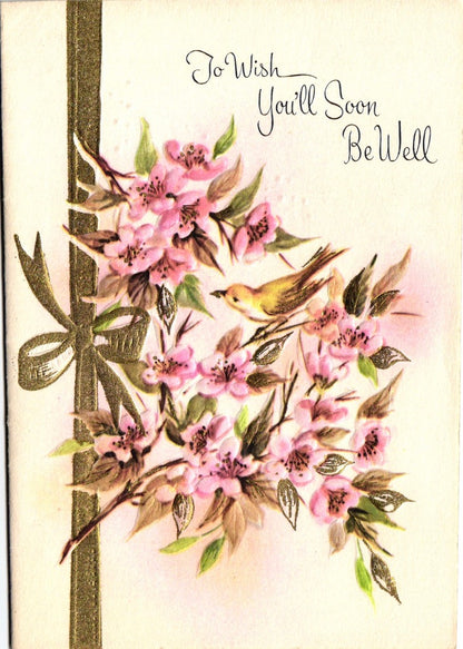Get Well Soon - Bird in Flowers - Vintage Greeting Card - Gold Stamped + Embossed