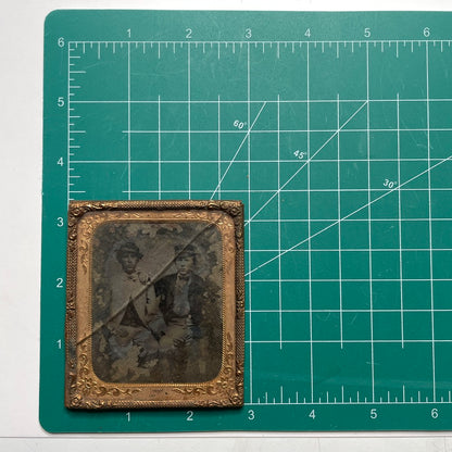 Two Young Men Affection Portrait 1/6 Tintype Photo Antique Brass Mat + Frame