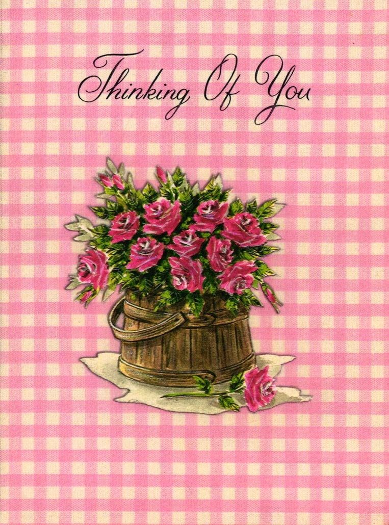 Greetings - Thinking of You - Vintage Greeting Card - Floral Plaids
