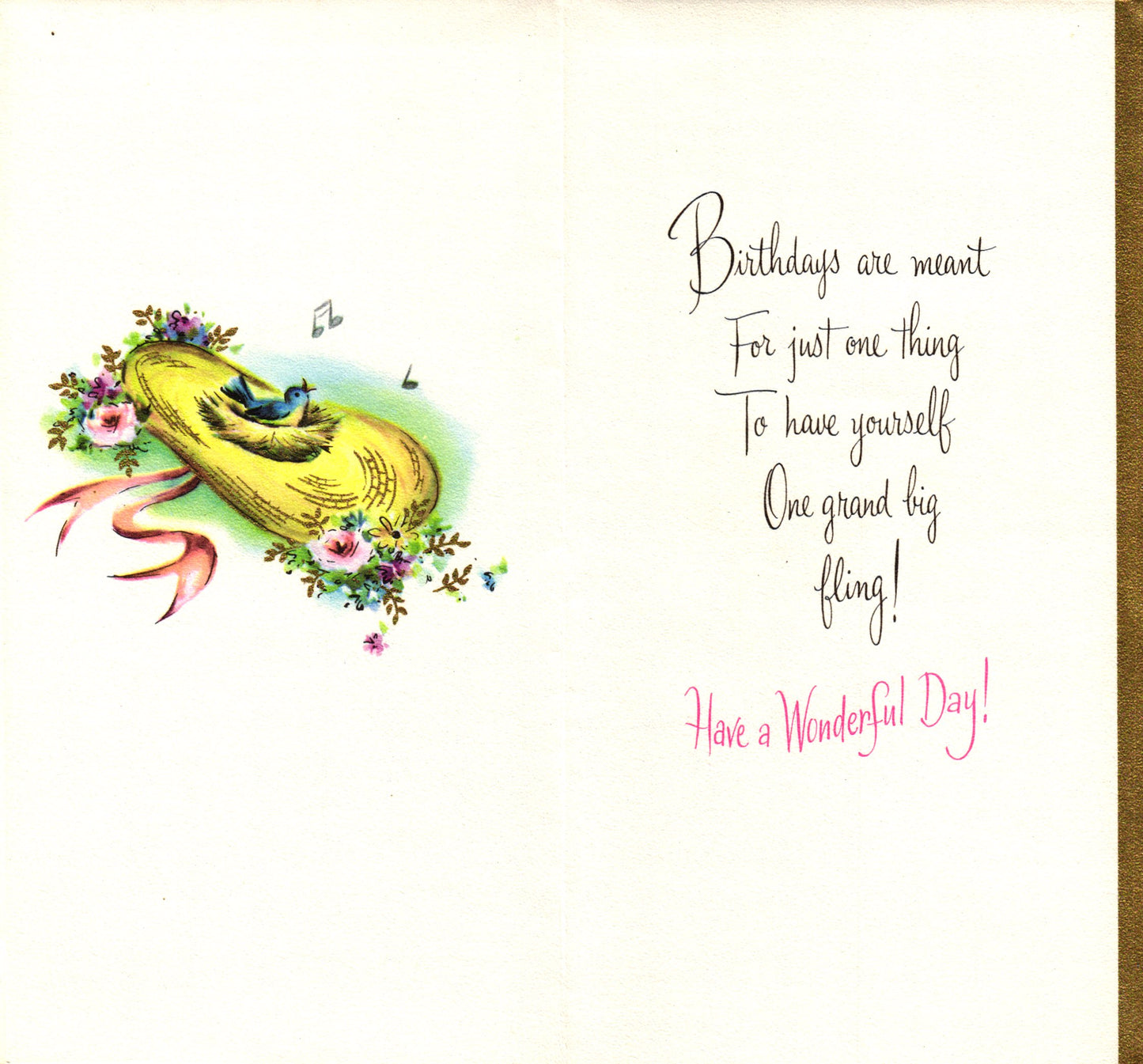 Birthday - Song Bird - Slim Vintage Greeting Card - Gold Stamped + Embossed