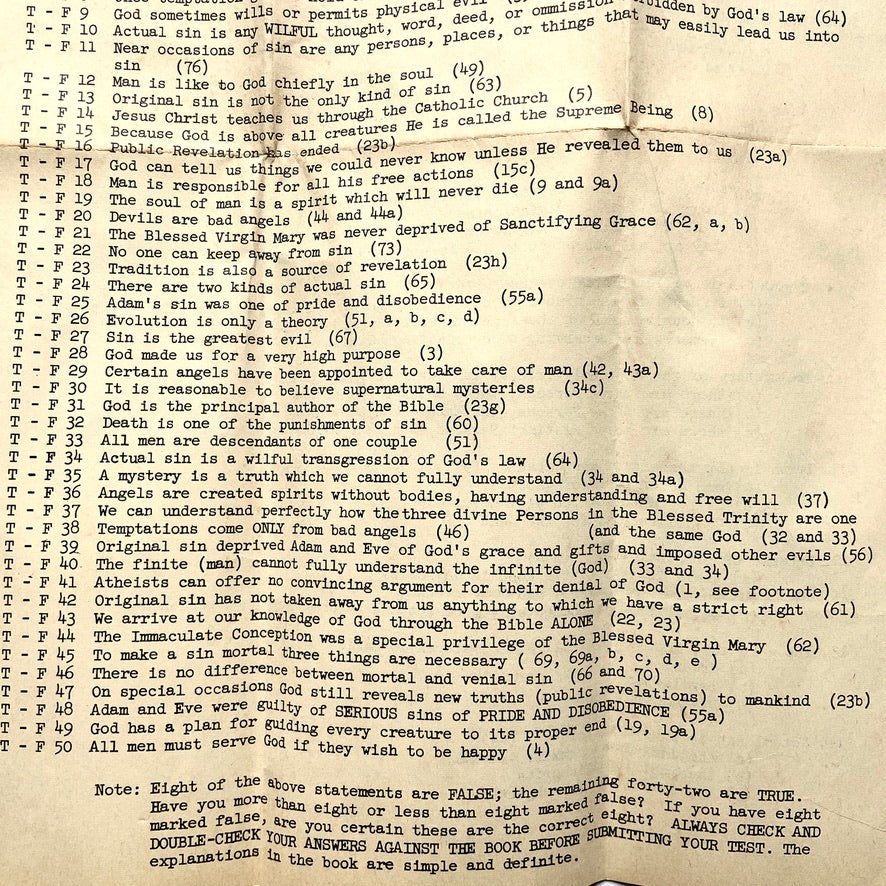 NYC Catholic Information Society 1950 Course Test Manhattan Vintage Christianity Ephemera