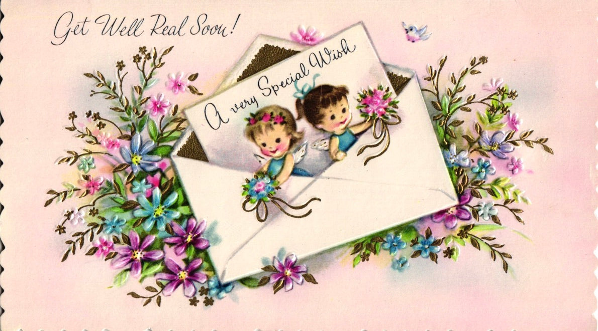 Get Well Soon - Special Wish - Glossy Slim Vintage Greeting Card - Gold Stamped + Embossed