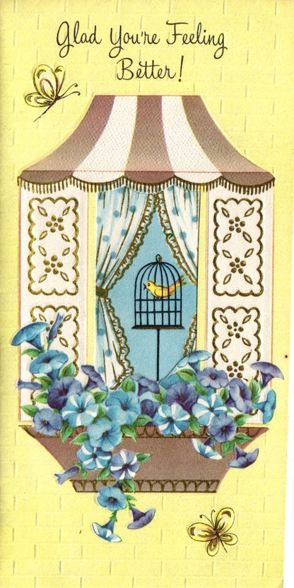 Get Well Soon - Window Box - Slim Vintage Greeting Card - Gold Stamped + Embossed