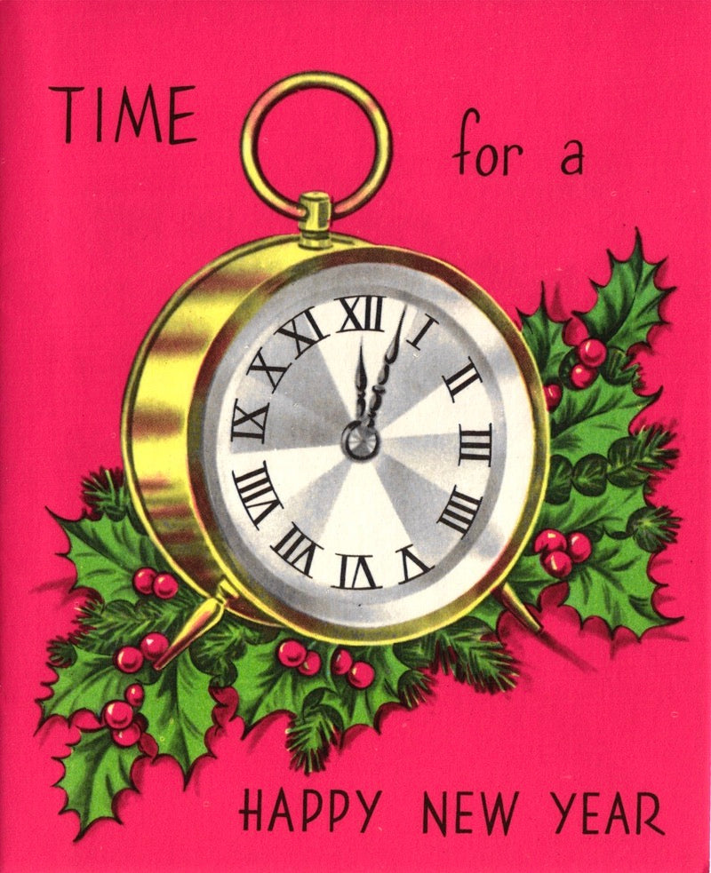 New Years - Gold Clock - Vintage Greeting Card