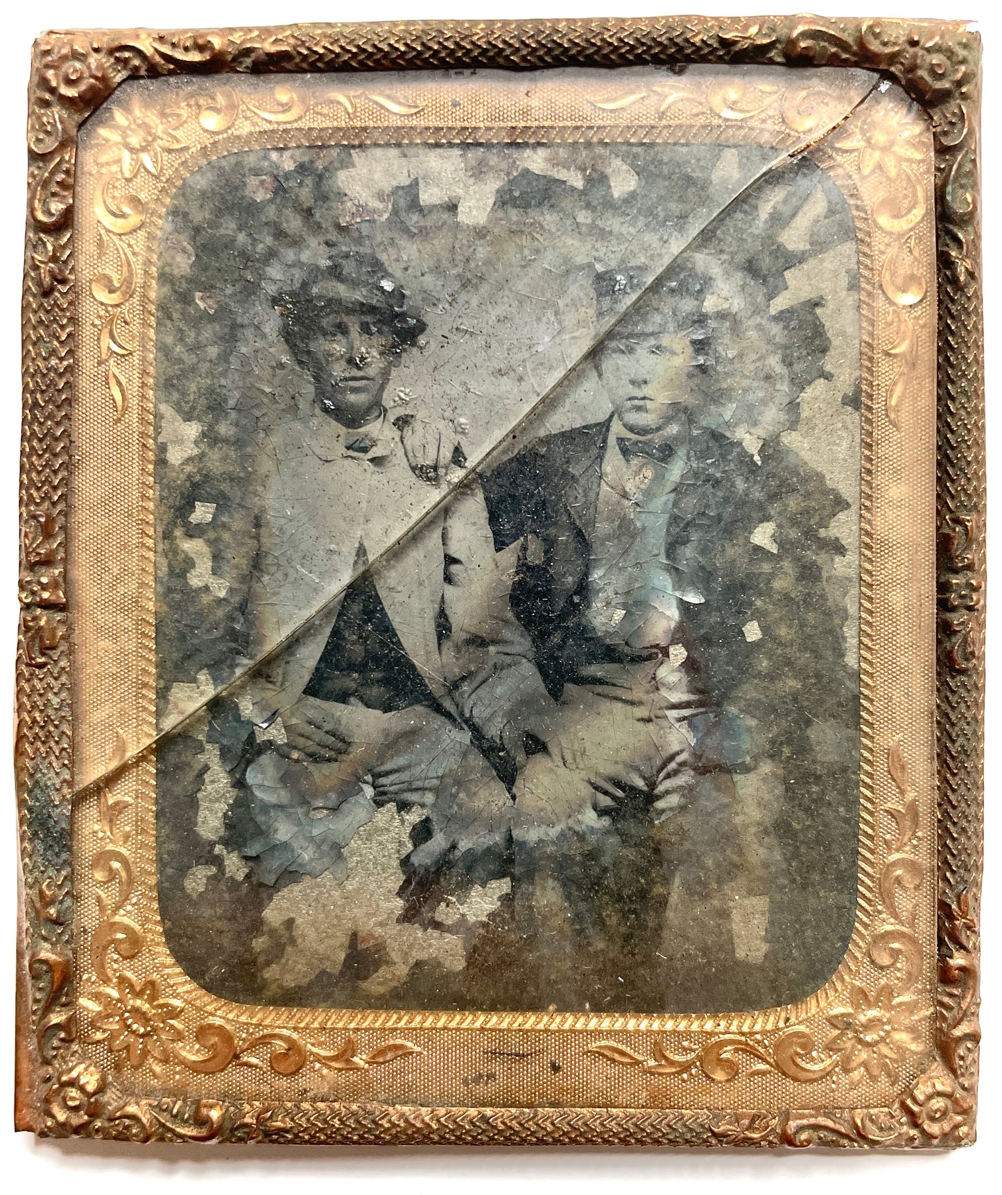 Two Young Men Affection Portrait 1/6 Tintype Photo Antique Brass Mat + Frame