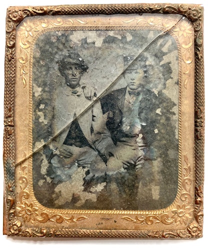 Two Young Men Affection Portrait 1/6 Tintype Photo Antique Brass Mat + Frame
