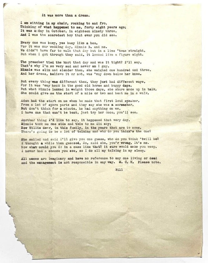Handwritten Typewriter Poem Signed MCK Bill 1893