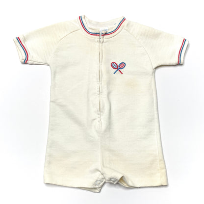 Tennis Embroidery White Knit Zipper Romper 12M