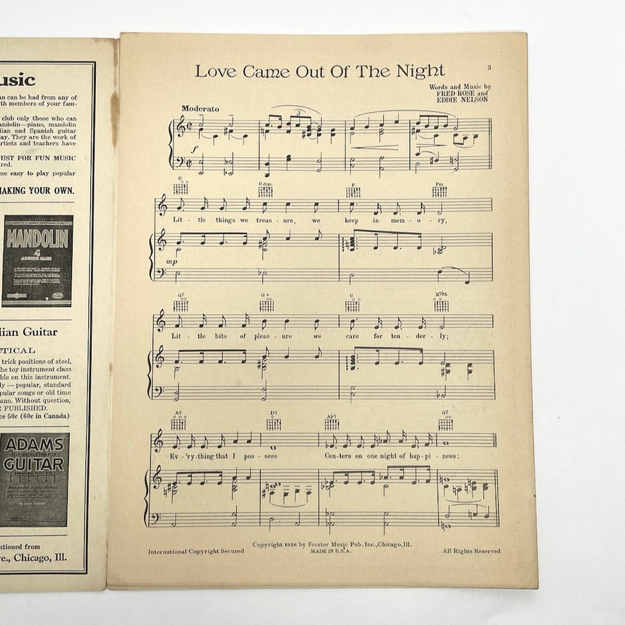 Love Came Out of the Night 1936 Sheet Music