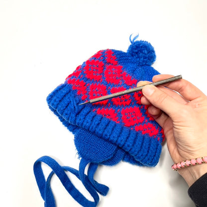 Handmade Blue & Red Pattern Knit Winter Hat