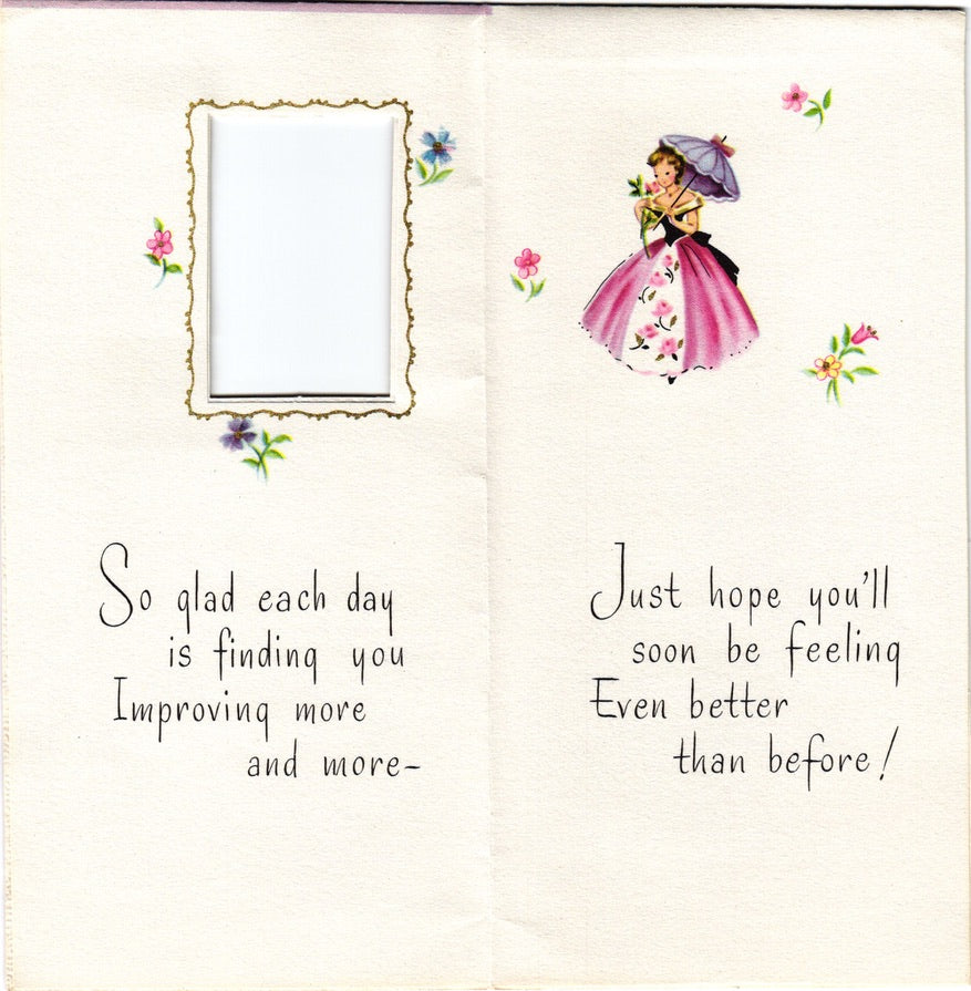 Get Well Soon - Victorian Dresses - Textured Slim Vintage Greeting Card - Gold Stamped + Embossed