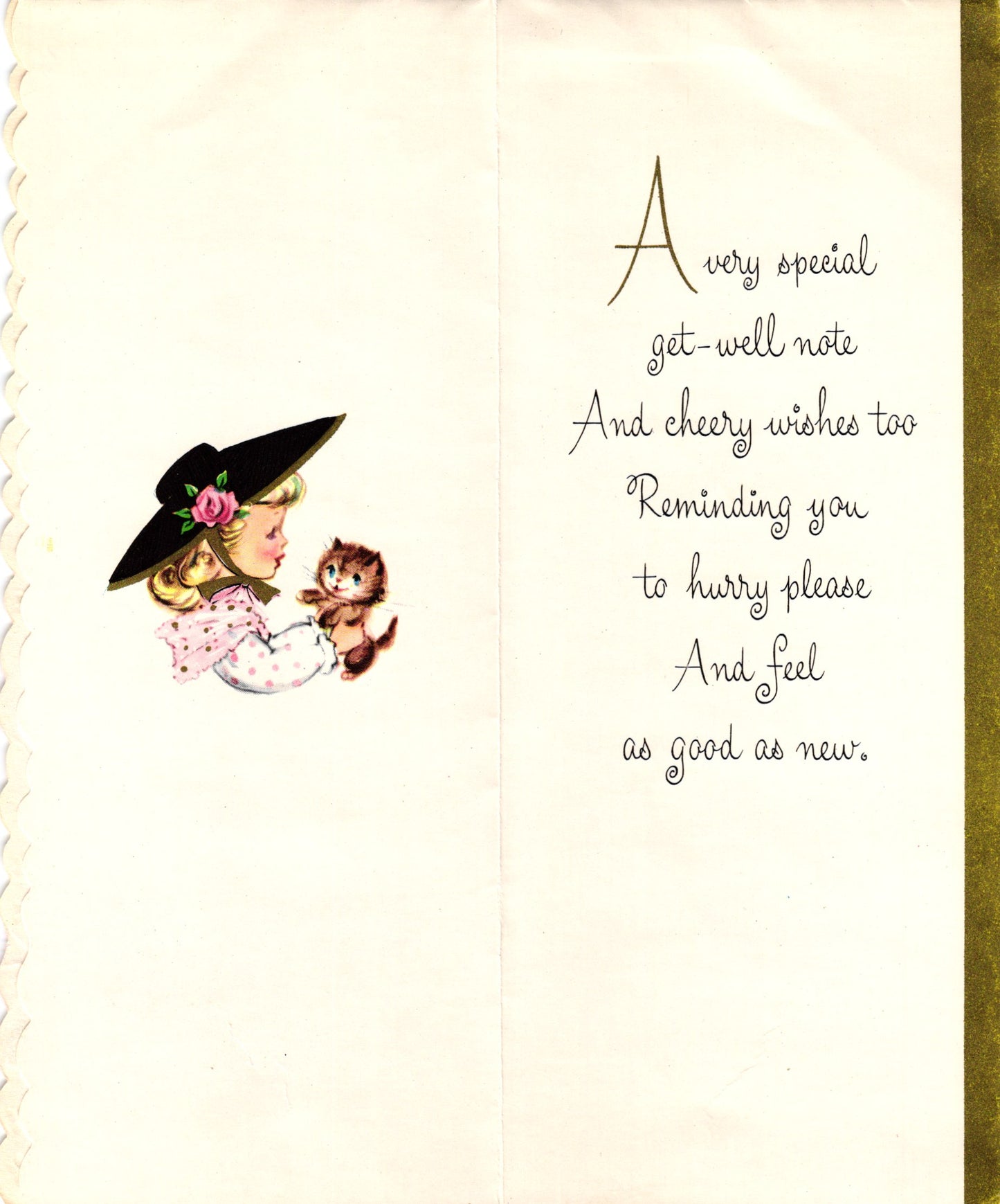 Get Well Soon - Feeling Better Kittens - Glossy Slim Vintage Greeting Card - Gold Stamped + Embossed