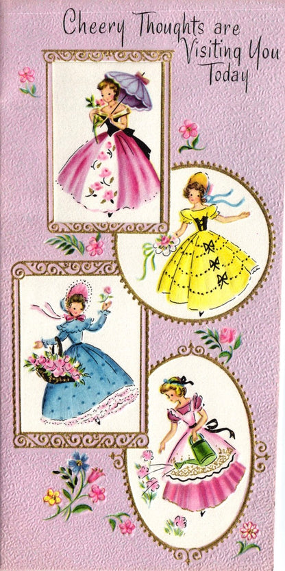 Get Well Soon - Victorian Dresses - Textured Slim Vintage Greeting Card - Gold Stamped + Embossed