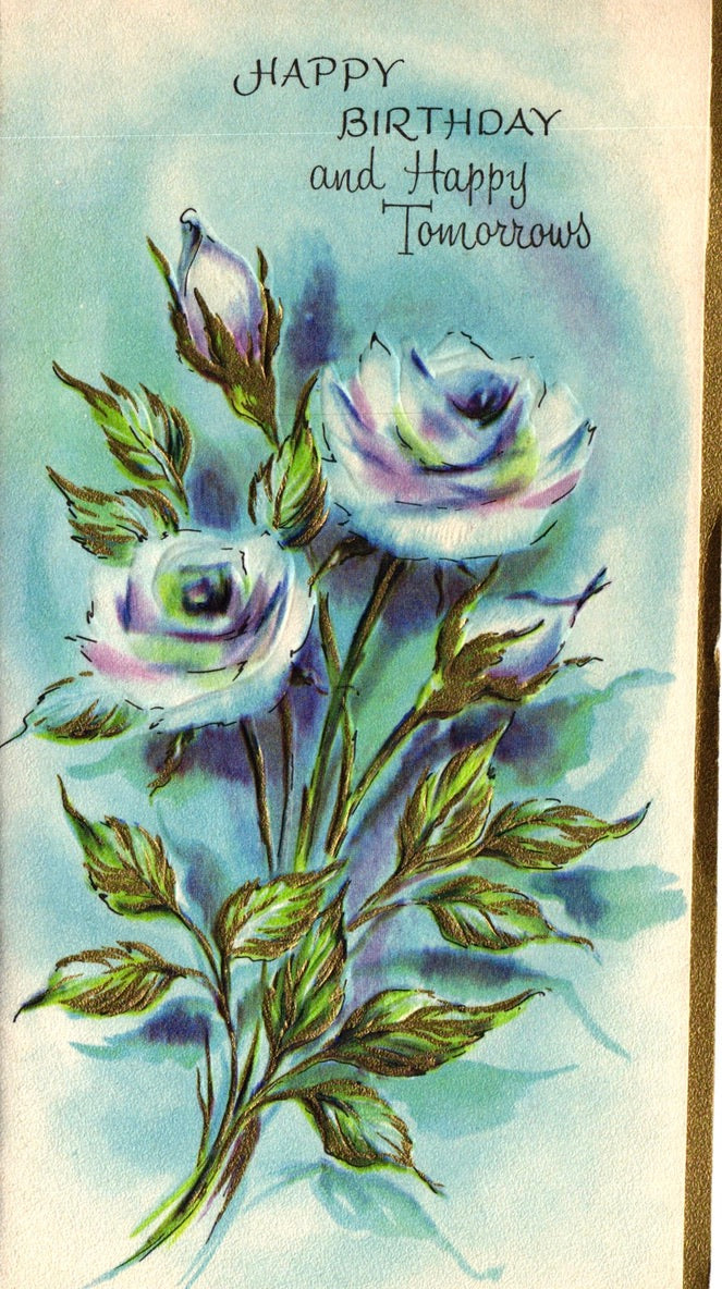 Birthday - Blue Roses - Slim Vintage Greeting Card - Gold Stamped + Embossed