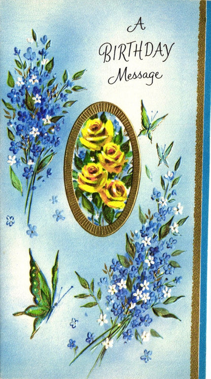 Birthday - Blue Flowers - Slim Vintage Greeting Card - Gold Stamped + Embossed