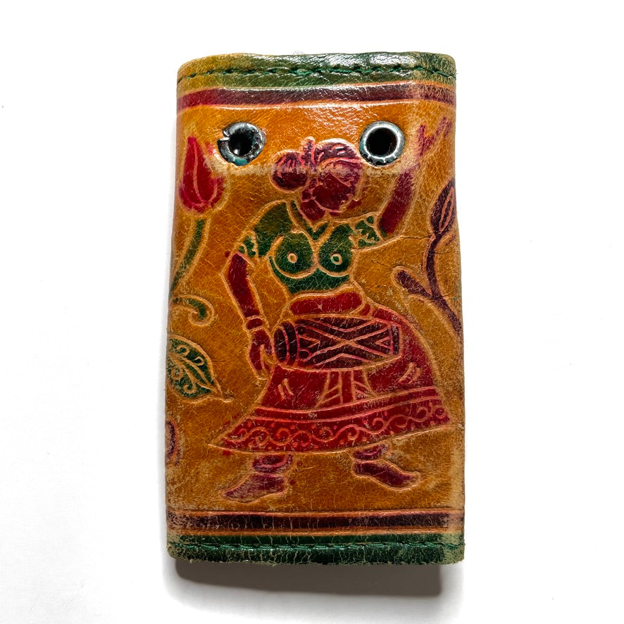 Women & Flowers Sheepskin Leather Button Snap Key Case, India - Vintage Key Holder