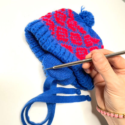 Handmade Blue & Red Pattern Knit Winter Hat